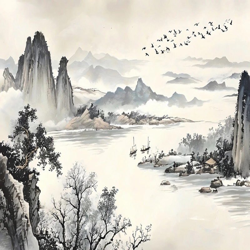 Home Office Background - Custom Wallpaper New Chinese Style Ink
