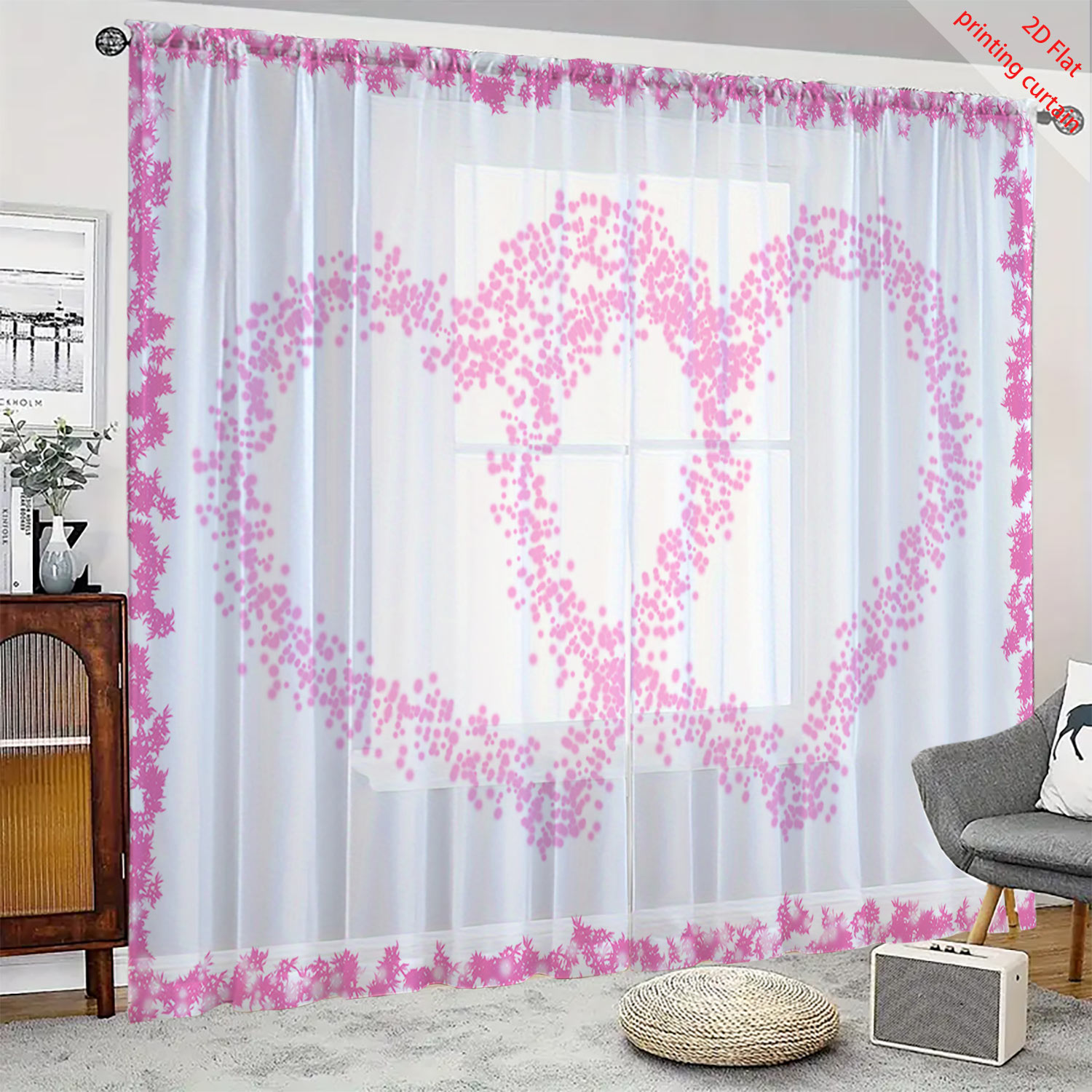 Home Office Windows - Heart Shaped Printed Transparent Gauze Curtain