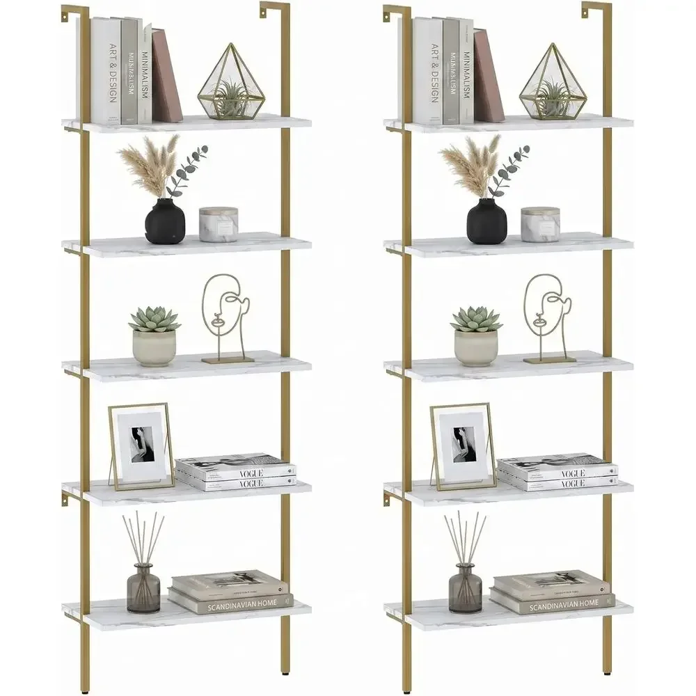 Home Office Industrial Style - 5-Tier White Marble Wall-Mounted Wood Rack