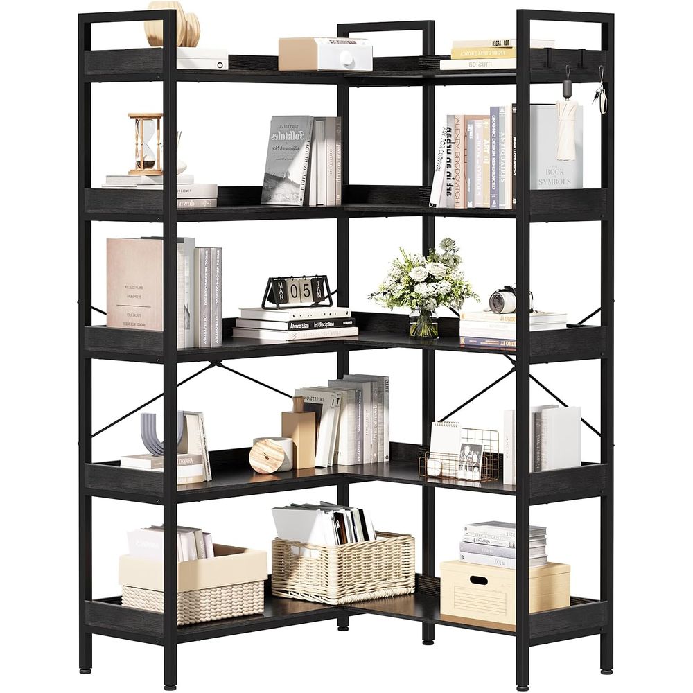 Home Office Industrial Style - Reversible 5-Tier L-Shaped Bookcase with Hooks,