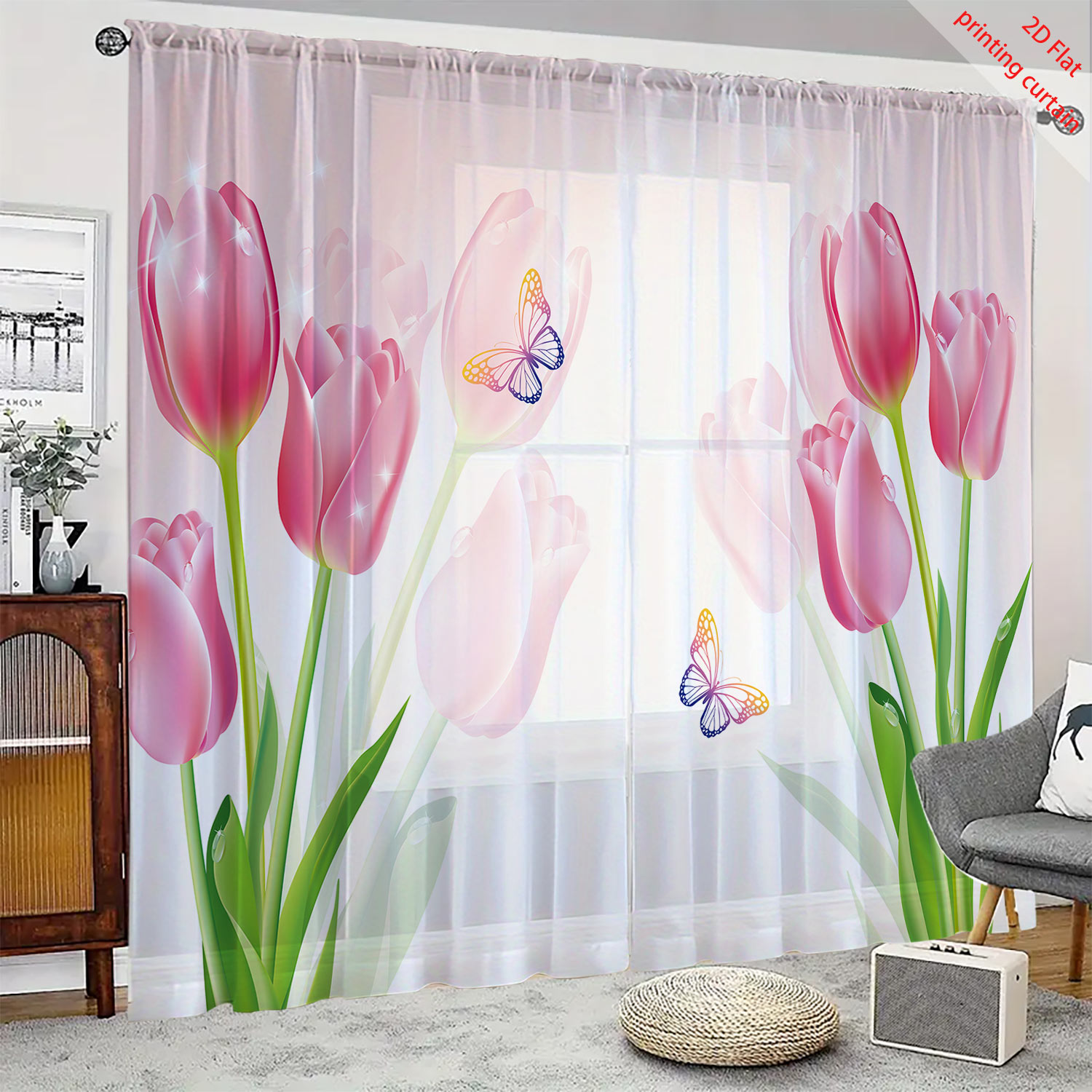Home Office Windows - Pink tulip print transparent gauze curtain,